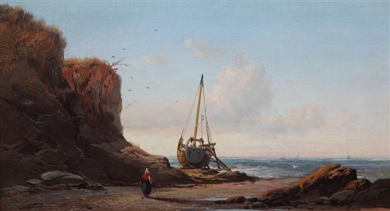 Late 19th century English School Coastal landscape at low tide, 7.5 x 13.5in.
